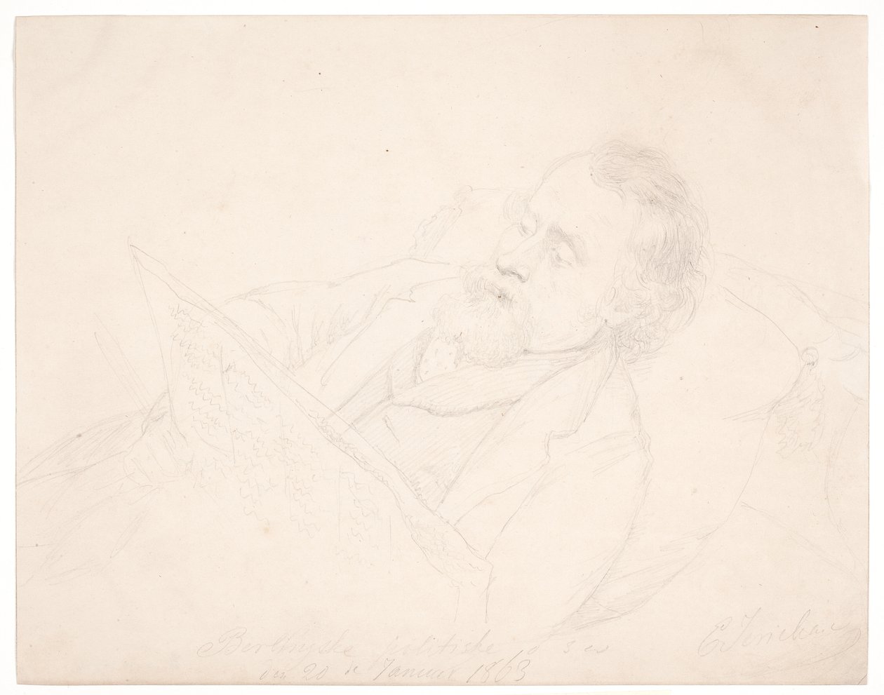 Portrétanulmány J. A. Jerichauról, aki a kanapén fekve újságot olvas alkotó: Elisabeth Jerichau Baumann