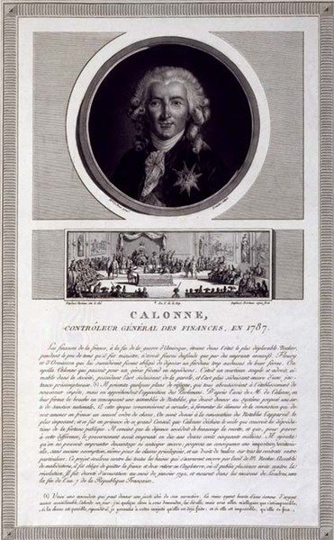Calonne, a pénzügyek főellenőre, 1787-ben, Charles Levachez (fl.1760-1820) által metszett portré, Jean Duplessis-Bertaux (1747-1819) Nevezetesek Gyűlésének jelenetével, 1803 körül (metszet) alkotó: Elisabeth Louise (after) Vigee Lebrun