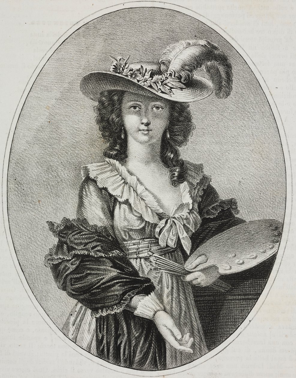 Elisabeth Vigee Le Brun francia festőnő önarcképe palettával, Giovanni Mariani litográfiája a Poliorama Pittoresco, 42. sz. május 28-i számából. alkotó: Elisabeth Louise (after) Vigee Lebrun
