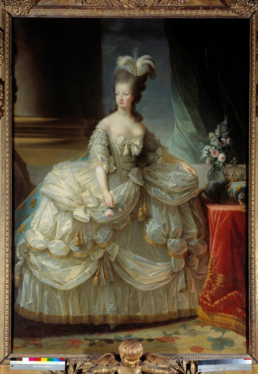 Marie Antoinette lábbeli portréja – Habsburg Lorraine francia királynő (1755-1793) nagy udvari öltönyben, rózsával a kezében Marie Elisabeth festménye Louise Vigee Le brun (vagy Vigee-Lebrun vagy Vigee Lebrun) (1755-1842) 18. század Nap. 2,23 x 1,58 m alkotó: Elisabeth Louise Vigee Lebrun