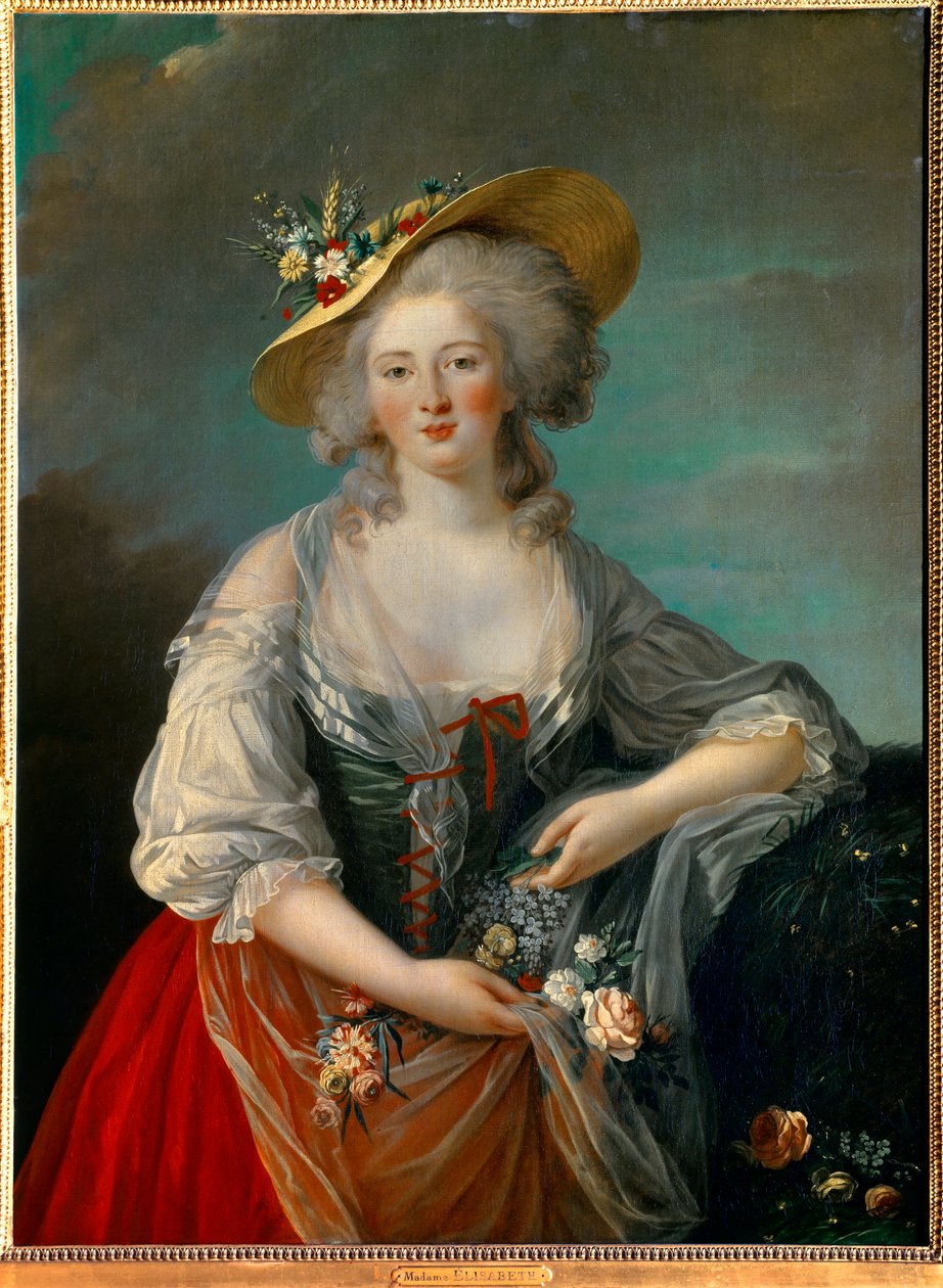 Erzsébet Fülöp-szigeteki Marie Helene (1764-1794), Madame Elisabeth (1764-1794), az 1782-ben ábrázolt XVI. Lajos nővére portréja, a francia Erzsébet portréja virágokat bemutató vidéki jelmezben Marie Elisabeth festménye Louise Vigee Le brun (vagy Vigee-Leb alkotó: Elisabeth Louise Vigee Lebrun
