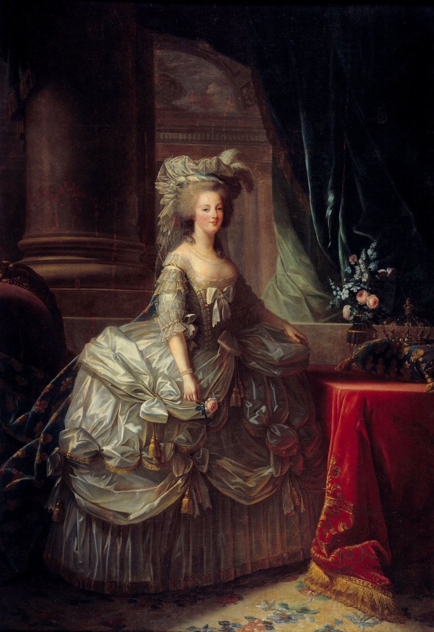 Marie Antoinette királynő (1755 - 1793) portréja. Marie Elisabeth Louise Vigee Le brun (vagy Vigee-Lebrun vagy Vigee Lebrun) festménye (1755-1842). 19. század. Olajfestmény. Mérete: 2,76 x 1,93 m. - Marie Antoinette királynő (1755-1793) egészalakos portréj alkotó: Elisabeth Louise Vigee Lebrun