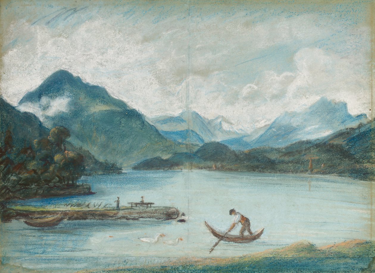 Kilátás a Genfi-tóra egy kis csónakon evező férfival és két hattyúval alkotó: Elisabeth Louise Vigee Lebrun