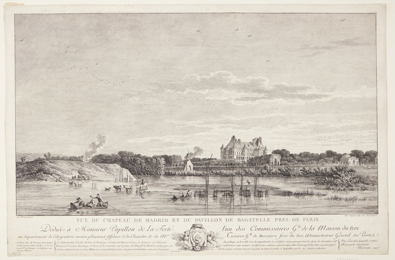 Kilátás a Château de Madridra és a Pavillon de Bagatelle-re (Vue du Chateau de Madrid et du Pavillon de Bagatelle pres de Paris) alkotó: Elise Saugrain