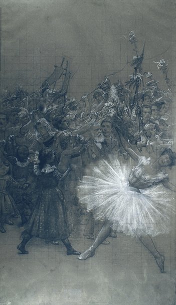 Balett -táncos és D. Pedro de Alcantara - Rajzfilm a Rio de Janeirói Városi Színház nagydraperejének átadásáról alkotó: Eliseu Visconti