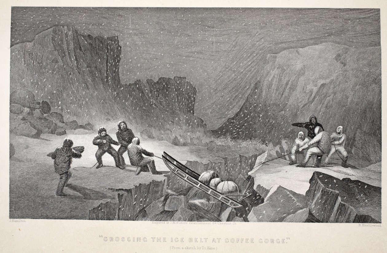 Átkelés a jégövön a Coffee Gorge-nál, illusztráció a "A második Grinnell-expedíció Sir John Franklin nyomában..." című filmből, 1856 alkotó: Elisha Kane