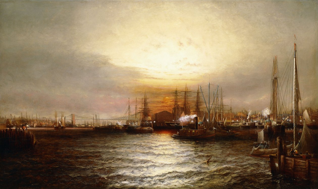 Napkelte a Chapman Dockból és az Old Brooklyn Navy Yardból, East River, New York állam alkotó: Elisha Taylor Baker