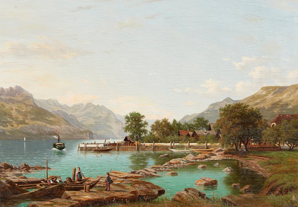 Táj hegyekkel a Maggiore-tó mellett (olaj, vászon) alkotó: Eliza Agnetus Emilius Nijhoff