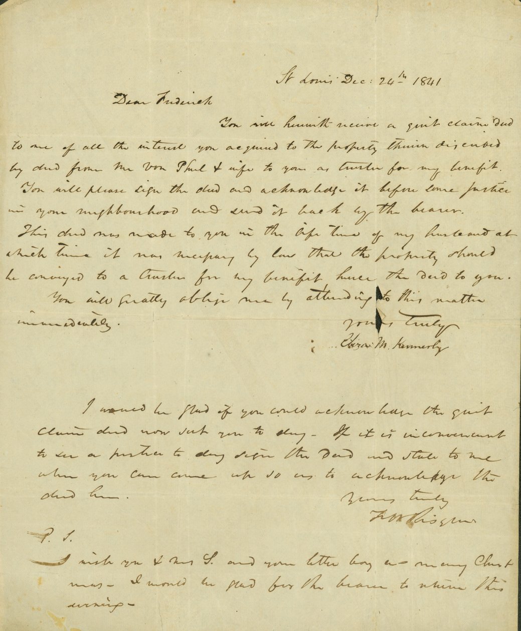 Eliza Kennerly levele Frederick Saugrainhez, 1841. december 24 alkotó: Eliza Kennerly
