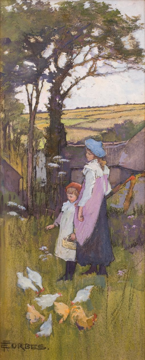 A csirkék etetése (pasztell és akvarell, karton) alkotó: Elizabeth Adela Stanhope Forbes