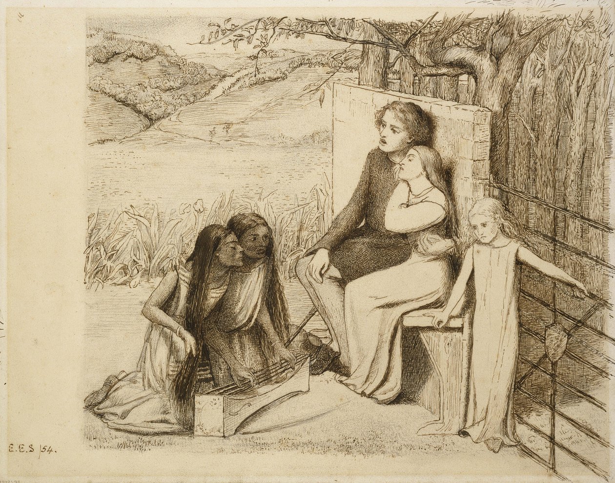 Két szerető, 1854 (toll és barna tinta törtfehér papíron) alkotó: Elizabeth Eleanor Siddal