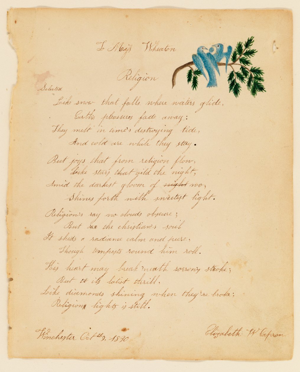 Miss Wheatonnak, Vallás, 1830. alkotó: Elizabeth W. Capron