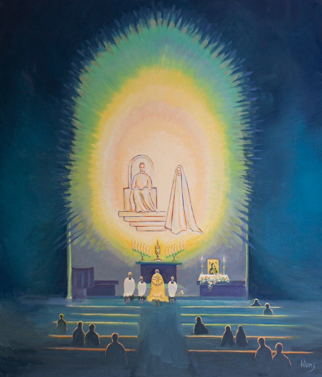 A Novena és a Benediction olyan, mint egy ünnepélyes „buli”, amelyre mennyei vendégeket hívnak meg, 2002 (olaj a fedélzeten) alkotó: Elizabeth Wang
