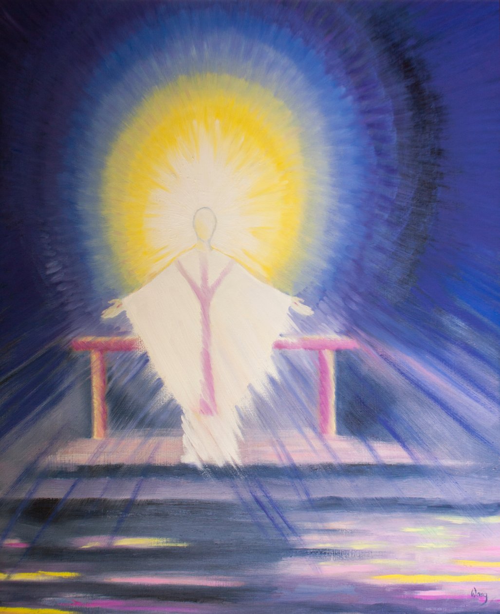 A szentmise után Jézus Krisztus, igaz Isten és igaz ember, jelen van velünk teljes dicsőségében, 2000 (olaj a fedélzeten) alkotó: Elizabeth Wang