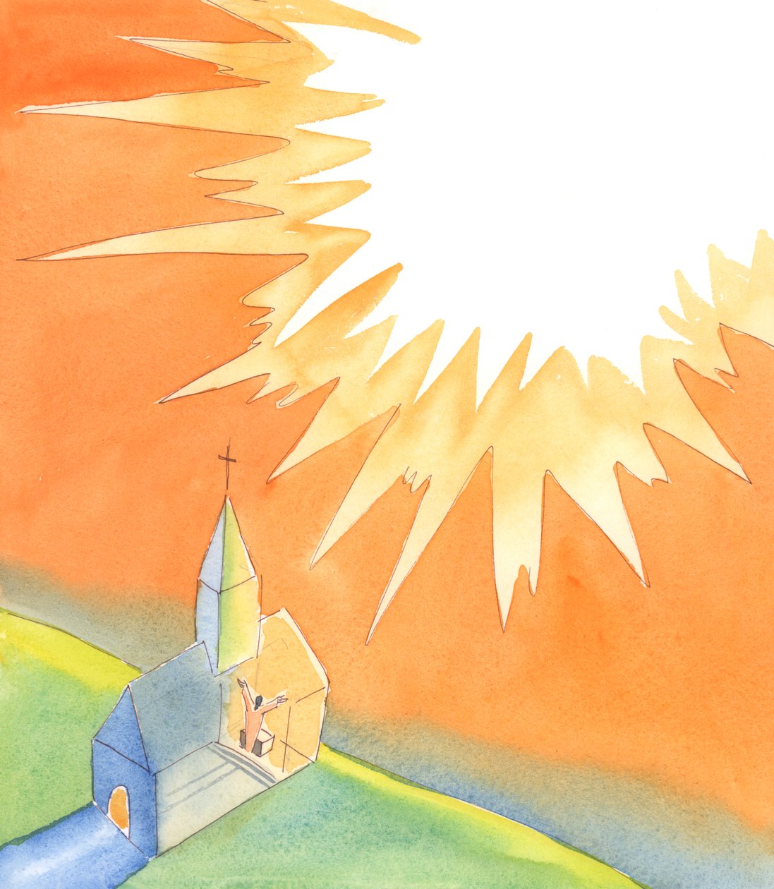 Amikor összegyűlünk a templomban a misére, biztosak lehetünk benne, hogy maga Krisztus is velünk lesz, aki méltó dicséretet mond az Atyának a szentélyünkből, az összes szentek és angyalok jelenlétében, 2005 (akvarell, papír). alkotó: Elizabeth Wang
