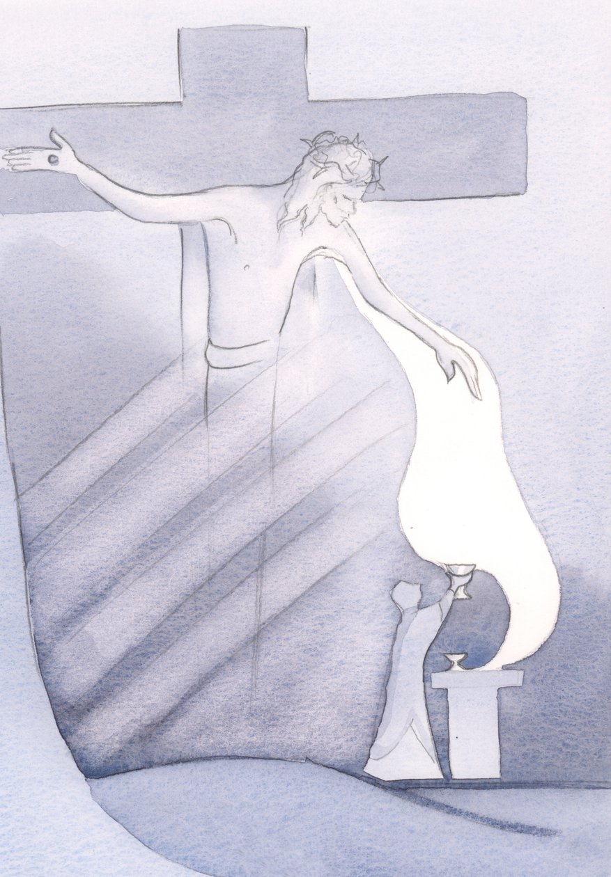 Minden szentmisén kiöntik Krisztus drága vérét a keresztről, a bűntől való megváltásunkért, 2000 (papíron) alkotó: Elizabeth Wang