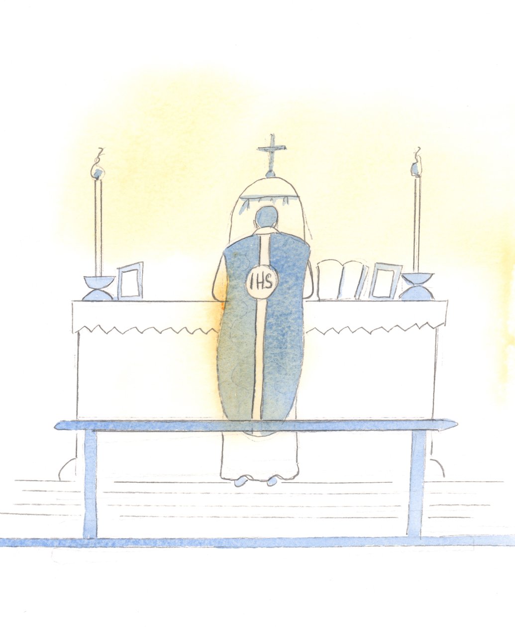 Krisztus örömmel látja a mise rendkívüli formájának ünneplését, amely lehetővé teszi számunkra, hogy a liturgia csodálatra méltó és megfelelő aspektusait megtapasztaljuk, 2005 (akvarell, papír). alkotó: Elizabeth Wang