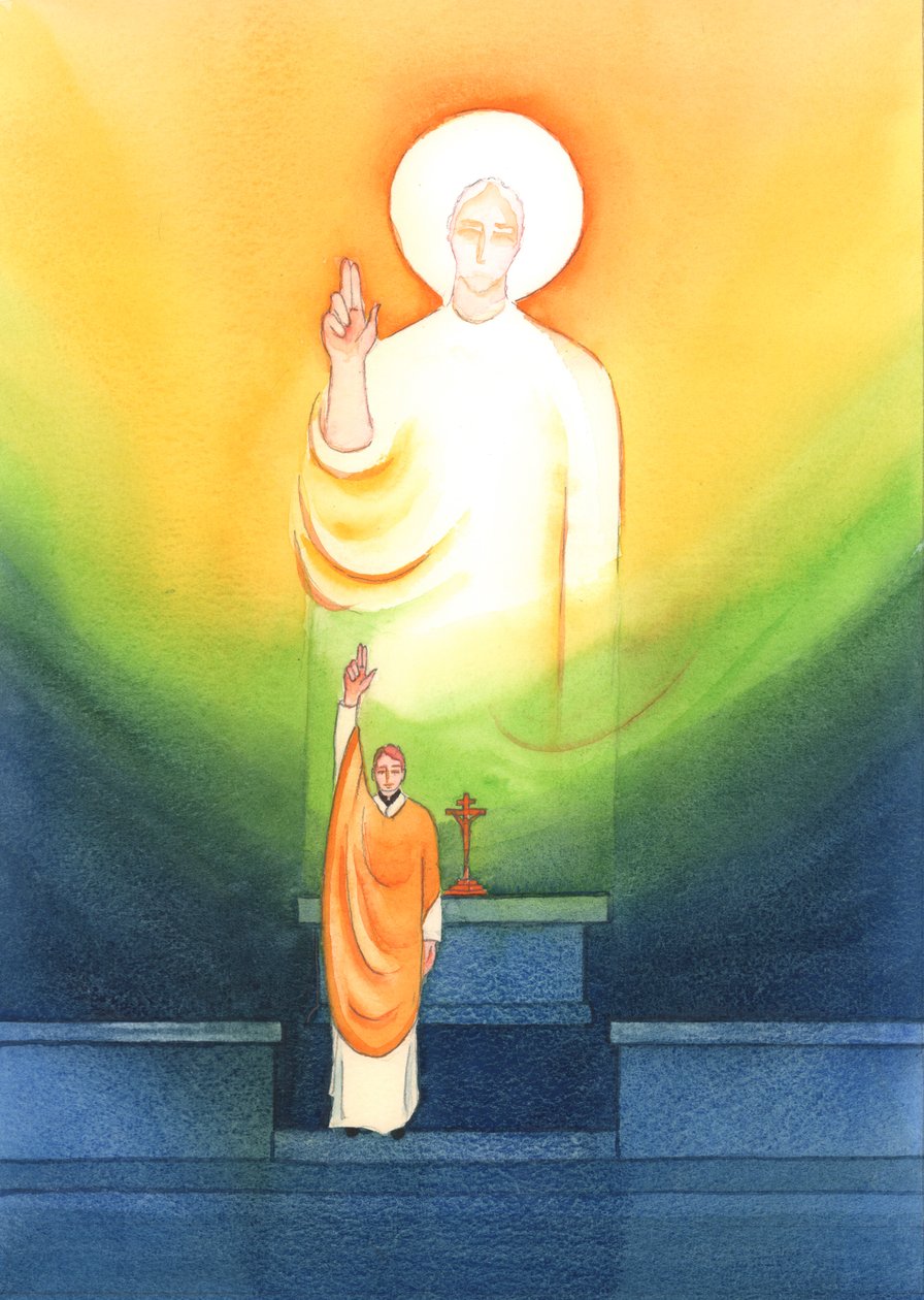 Krisztus beszél és cselekszik papjain keresztül, akik áldják és megbocsátanak „in persona Christi capitis”, „Krisztus, a Fej személyében”, 2002 (papíron) alkotó: Elizabeth Wang