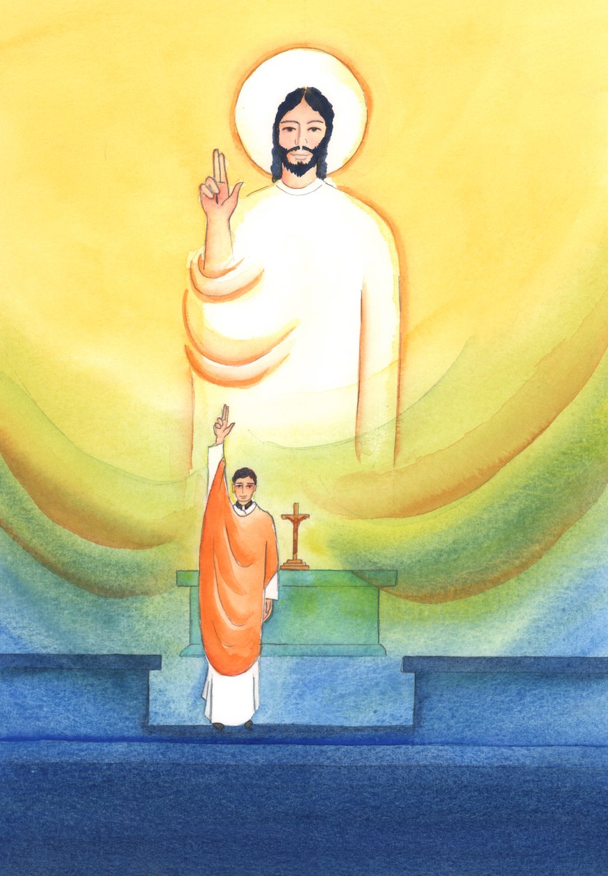Krisztus beszél és cselekszik papjain keresztül, akik áldják és megbocsátanak „in persona Christi capitis”, „Krisztus, a Fej személyében”, 2002 (papíron) alkotó: Elizabeth Wang