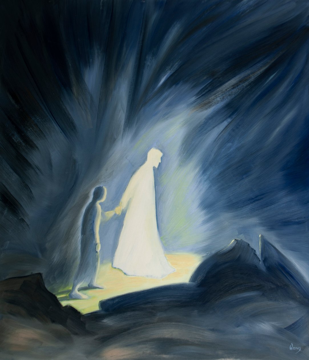 Jézus még szenvedéseink sötétjében is vigasztal és vezet bennünket, 2001 (olaj a fedélzeten) alkotó: Elizabeth Wang