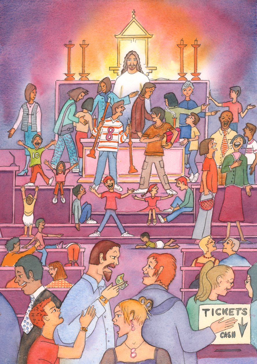 A tabernákulumból Krisztus szomorúan néz rá, ahogy látja szent „imaházát” piactérként kezelve, 2002 (papíron nem) alkotó: Elizabeth Wang