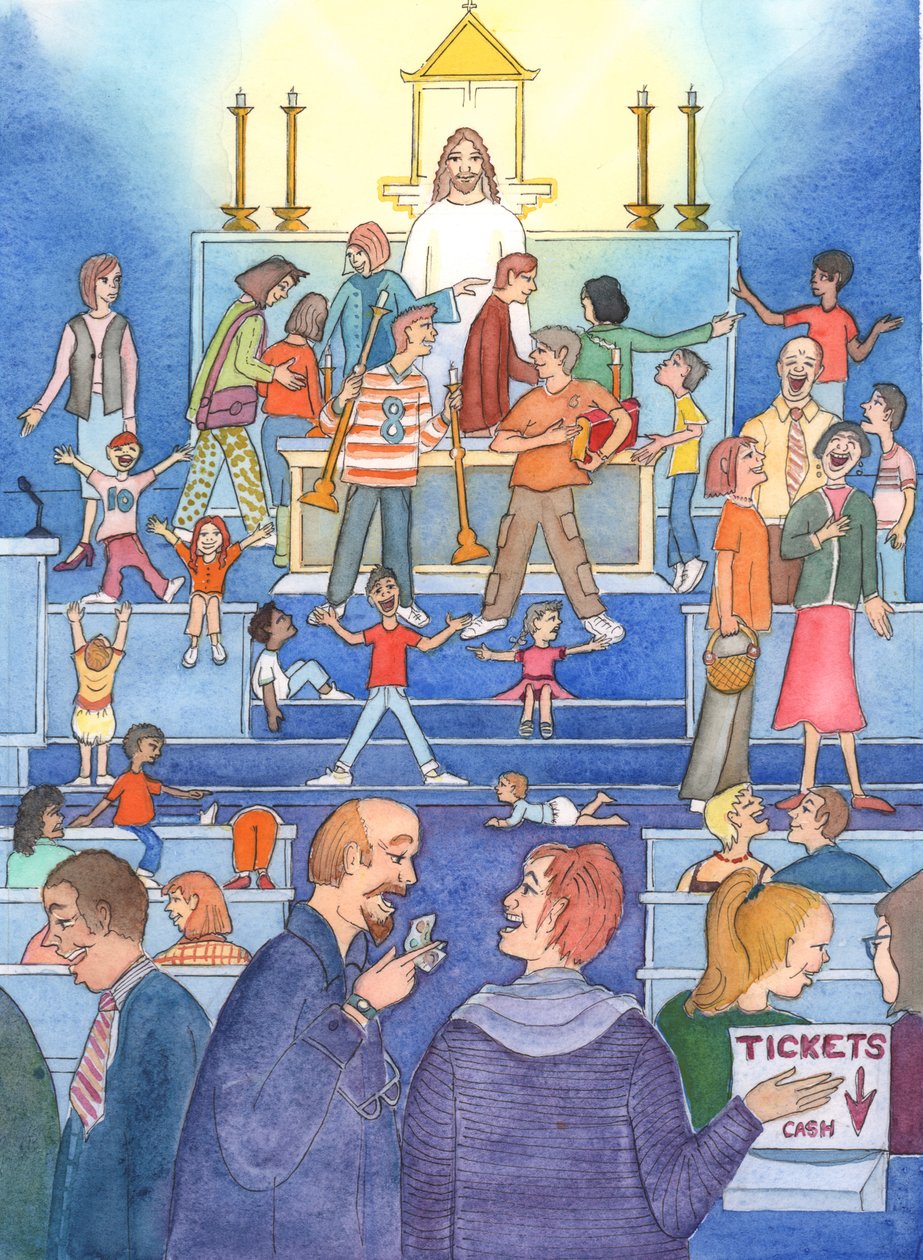 A tabernákulumból Krisztus szomorúan néz rá, ahogy látja szent „imaházát” piactérként kezelve, 2002 (papíron nem) alkotó: Elizabeth Wang