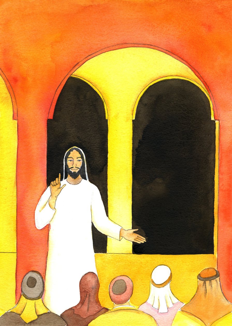 Jézus a Templomban prédikált, igazat mondott, és feldühített néhány embert, akik aztán összeesküdtek, hogy ártsanak neki, 2001 (papíron nem) alkotó: Elizabeth Wang