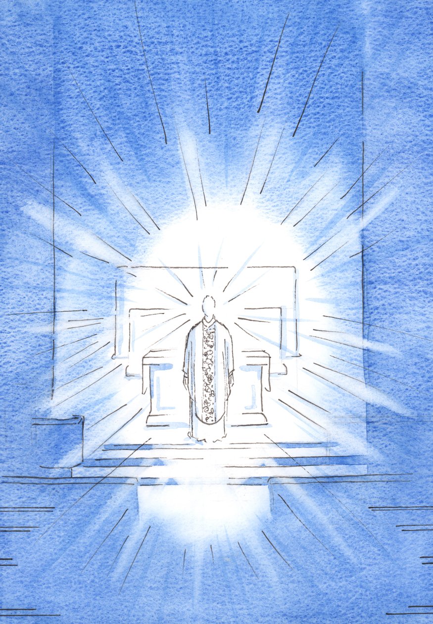 A Látogatás ünnepén Krisztus megjelent arany kupaköpenyben, Szűzanyja, Mária tiszteletére, 2002 (papíron) alkotó: Elizabeth Wang