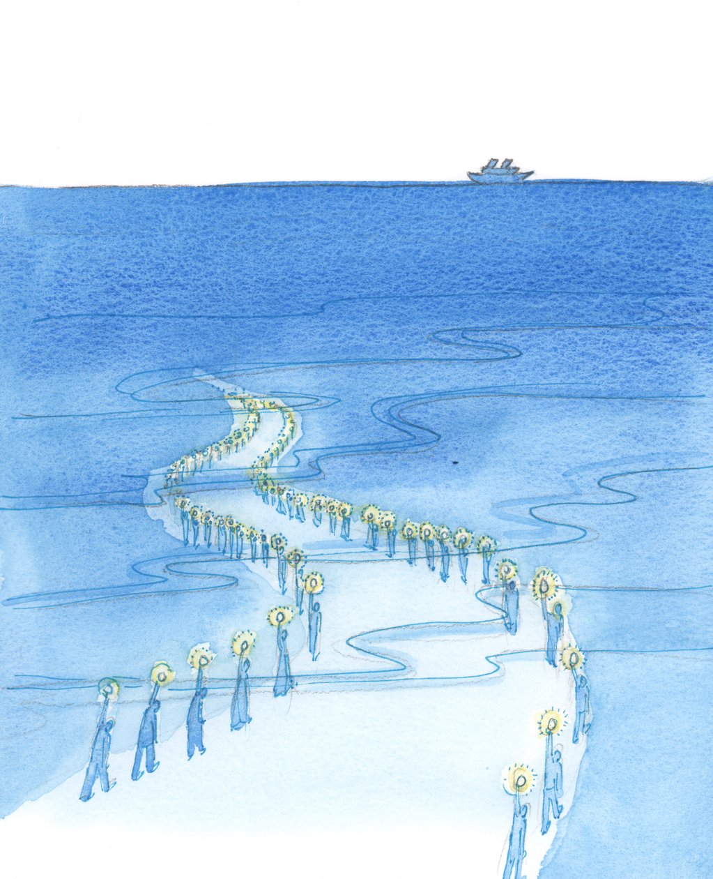Azok az emberek, akik imádkozás közben haltak meg (mint azok, akik a Titanic rózsafüzérét imádkozva haltak meg), egy olyan úton masíroznak, amely sötétségbe vezet, 2002 (papíron nem) alkotó: Elizabeth Wang