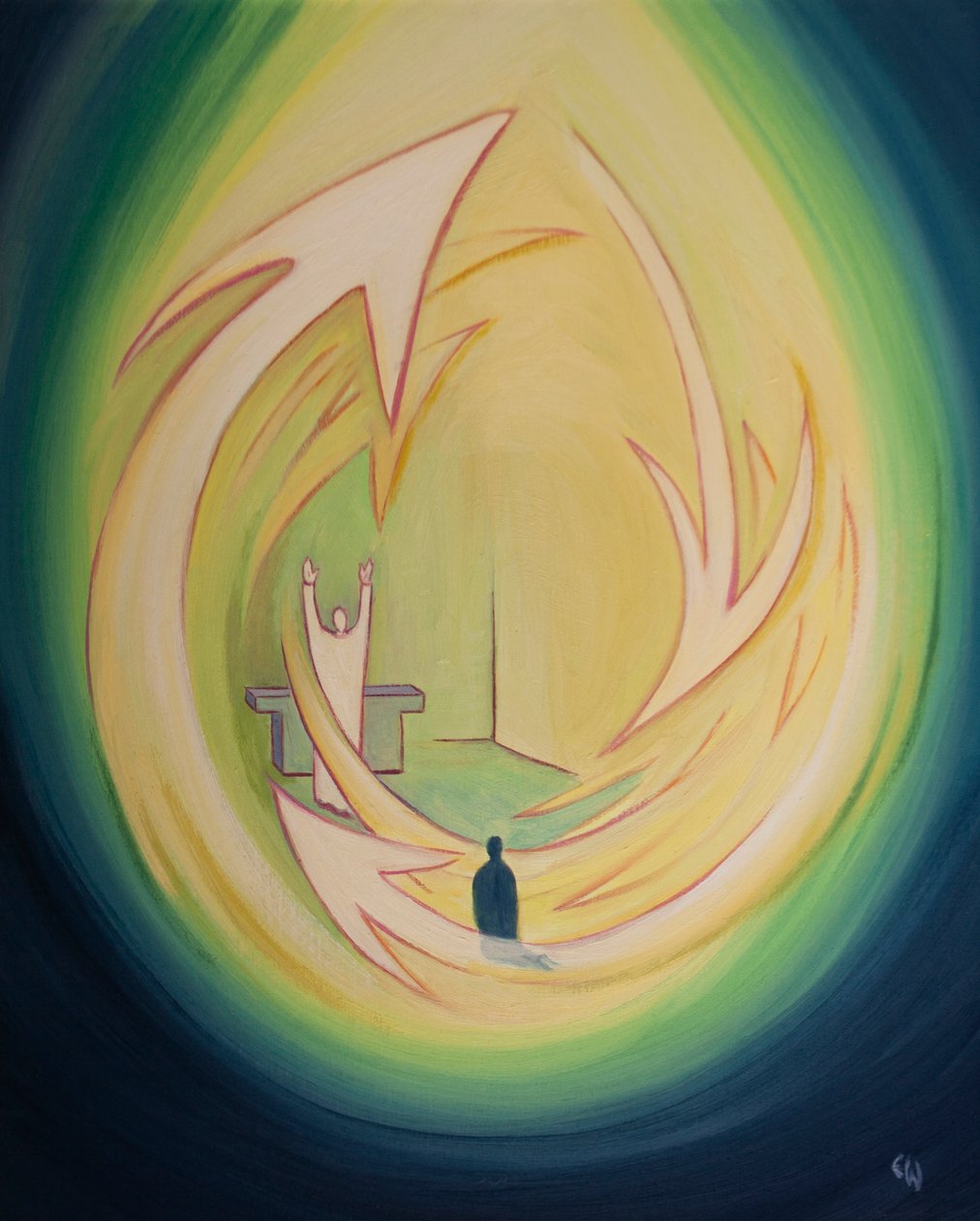 A Lélek arra ösztönöz bennünket, hogy dicsőítsük Krisztust, és áldozzuk az Atyát az ima szüntelen „körében”, 2001 (olaj a fedélzeten) alkotó: Elizabeth Wang