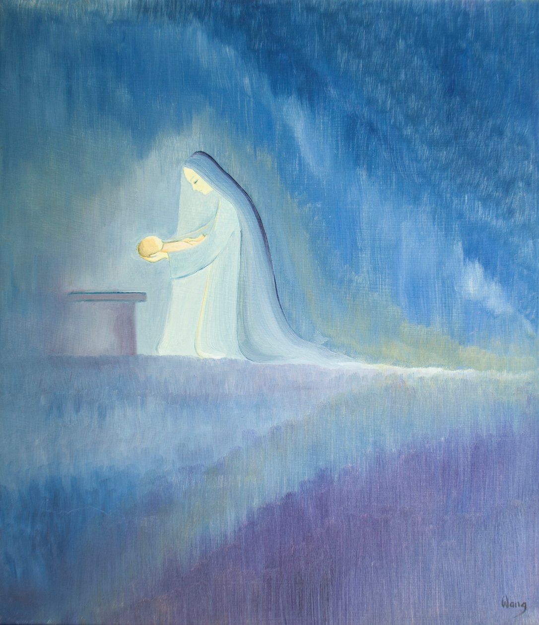 Szűz Mária egyszerűen és örömmel gondoskodott gyermekéről, Jézusról, 2001 (olaj a fedélzeten) alkotó: Elizabeth Wang
