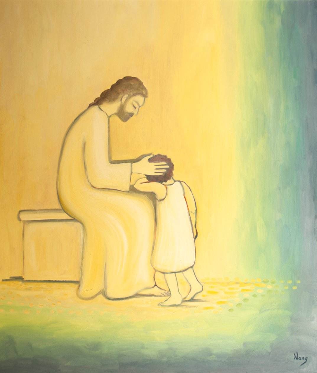 Amikor megbánjuk bűneinket, Jézus Krisztus gyengéden néz ránk, mint amikor egy anya átöleli gyermekét, 2001 (olaj a fedélzeten) alkotó: Elizabeth Wang