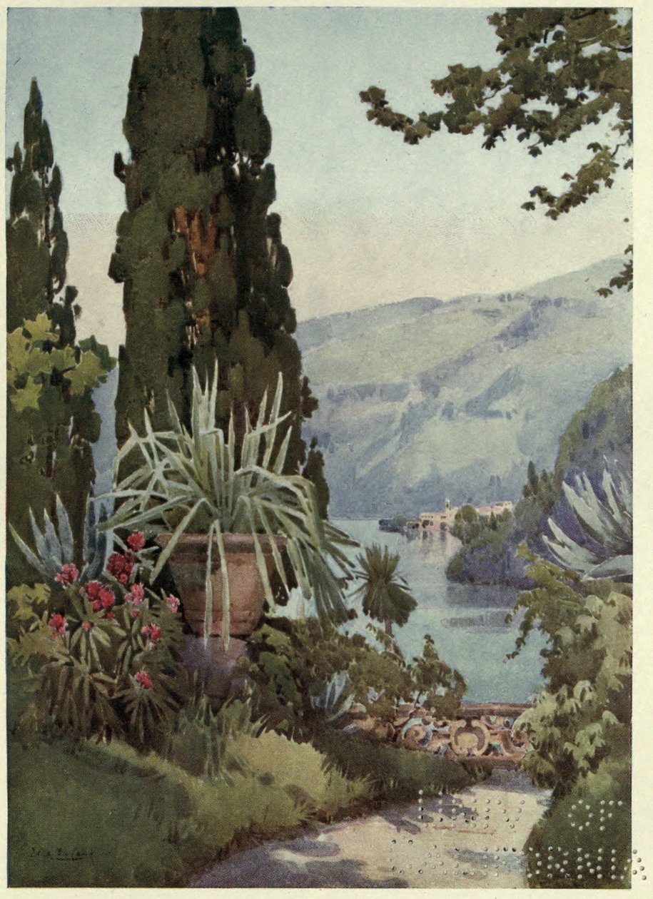 A Villa Arconati kertjében, Lago di Como, Illusztráció: "Az olasz tavak", Richard Bagot alkotó: Ella Du Cane