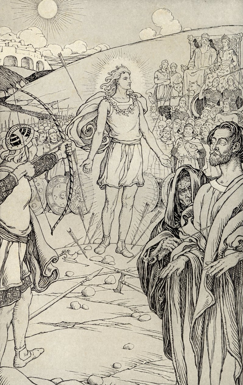 Minden nyíl túllő a fején, illusztráció a „Myths from Many Lands” című könyvből, 1912-ben alkotó: Elmer Boyd Smith