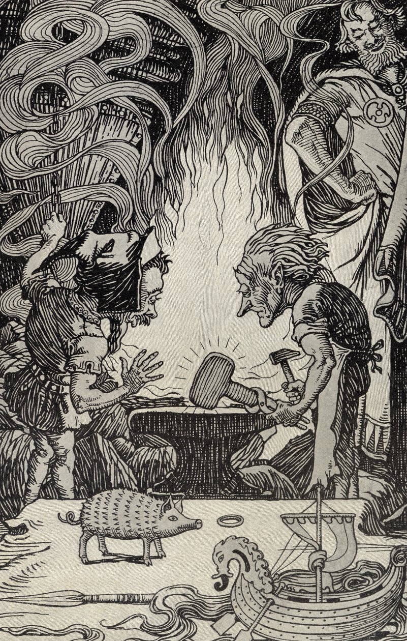 A harmadik ajándék egy hatalmas kalapács, illusztráció a Mítoszok sok földről című könyvéből, 1912-ben alkotó: Elmer Boyd Smith