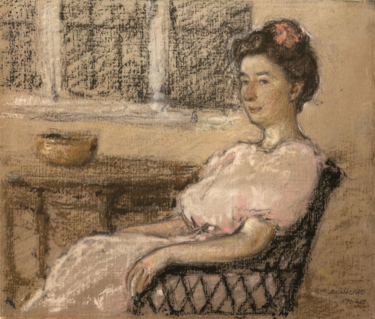 Ülő nő rózsaszín ruhában, 1902. alkotó: Elmer Livingston MacRae