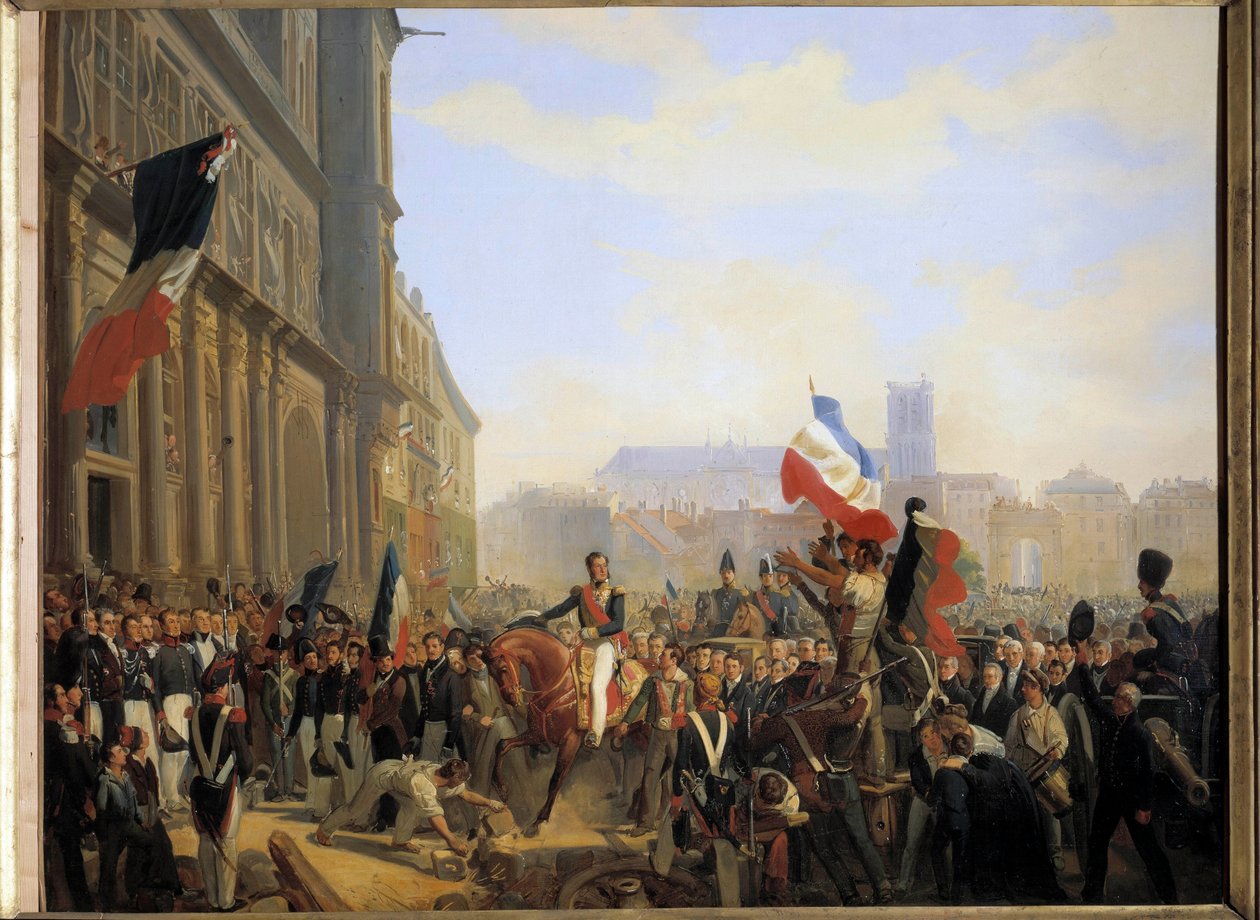 1830. júliusi forradalom: Lajos Fülöp, Orléans hercege (aki 1er Lajos Fülöp francia király lett) (1773-1850), a királyság altábornagya július 31-én megérkezett a párizsi városházára. alkotó: Eloi Firmin Feron