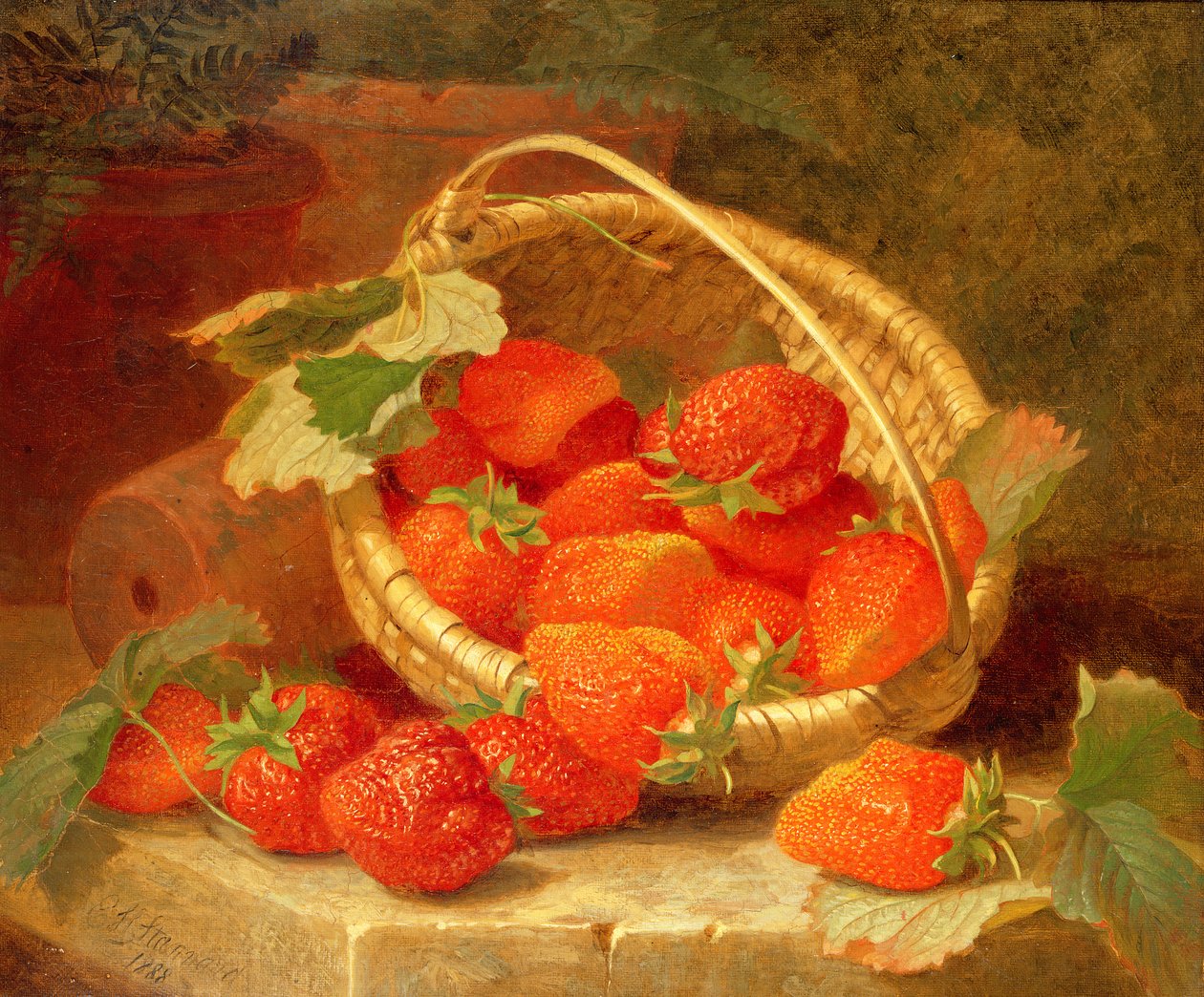 Egy kosár eper egy kőpárkányon, 1888 alkotó: Eloise Harriet Stannard