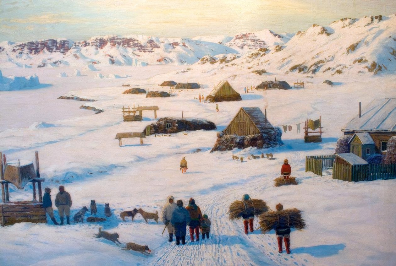 Inuit település télen alkotó: Emanuel A. Petersen