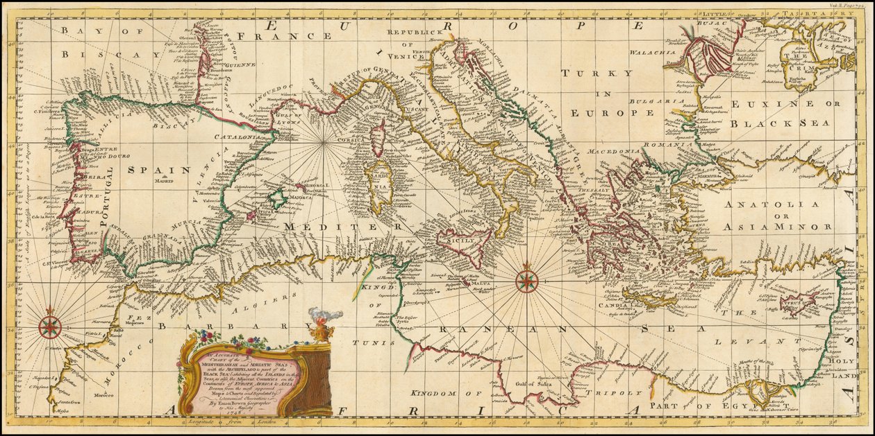 1748-as térkép - A Földközi-tenger és az Adriai-tenger pontos térképe; a szigetvilággal és a Fekete-tenger egy részével együtt. alkotó: Emanuel Bowen