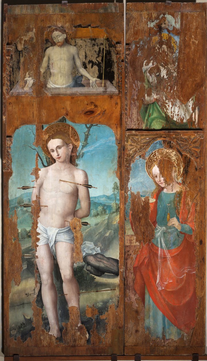 Szent Sebestyén, Szent Lucia, Krisztus feltámad a passió szimbólumaival, 16. század második fele (olaj, tábla) alkotó: Emanuele Macario