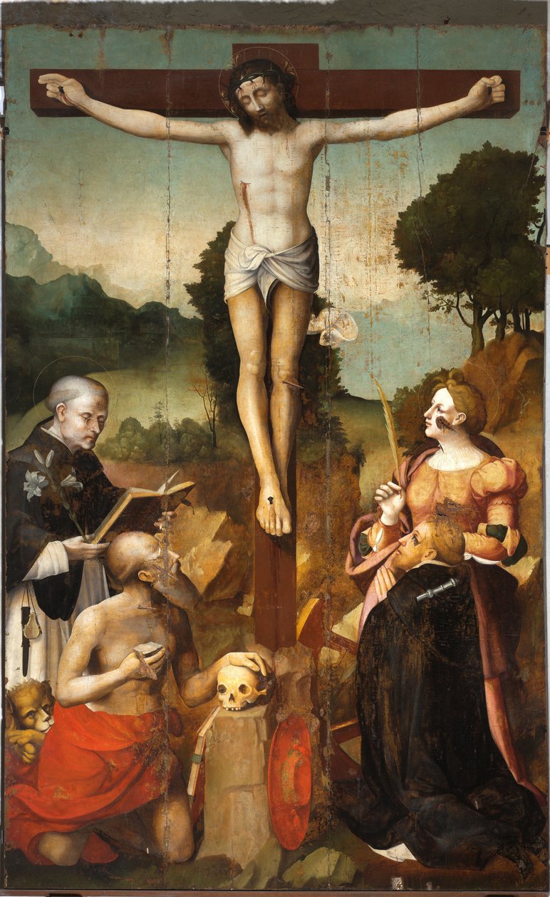 Krisztus keresztre feszítése Szent Domonkos, Szent Jeromos, Alexandriai Szent Katalin és Szent Péter vértanúval. alkotó: Emanuele & Pancalino Cristoforo (Raffaello de Rossi) (fl.1525 1578) Macario