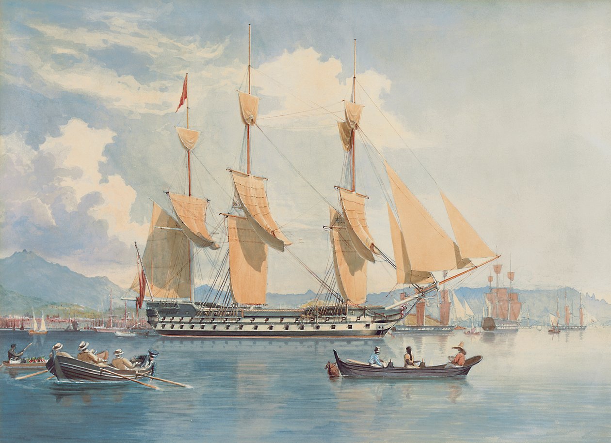 A HMS Gangesz horgonyozva szárítja vitorláit Rio de Janeirónál alkotó: Emeric Essex Vidal