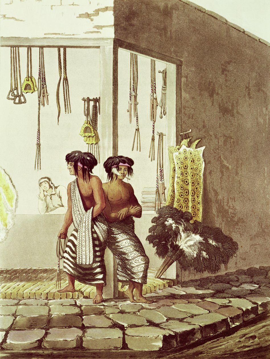 Pampa indiánok egy boltban a Buenos Aires-i indiai piacon, a „Buenos Aires és Montevideo festői illusztrációi” című művéből, J. Bluck (fl.1791-1819) metszetében, 1820 alkotó: Emeric Essex Vidal