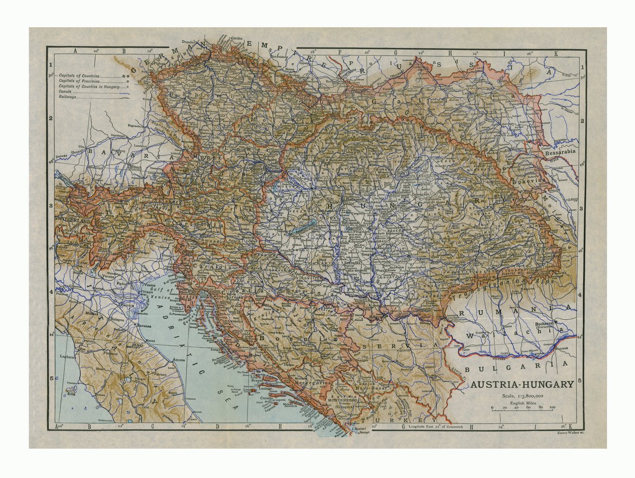 Ausztria-Magyarország térképe, 1910-es évek. alkotó: Emery Walker