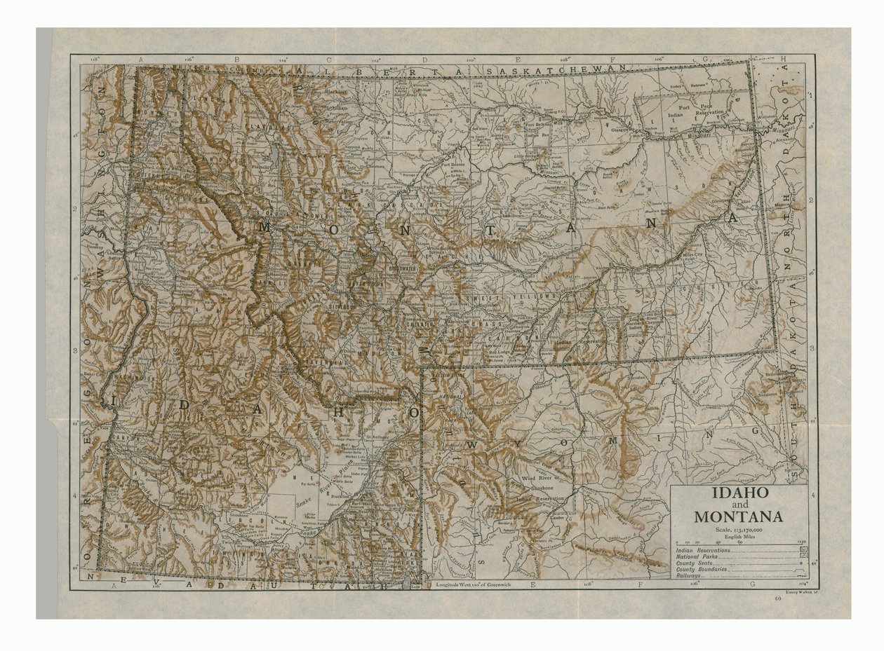 Idaho és Montana térképe, USA, 1910-es évek. alkotó: Emery Walker