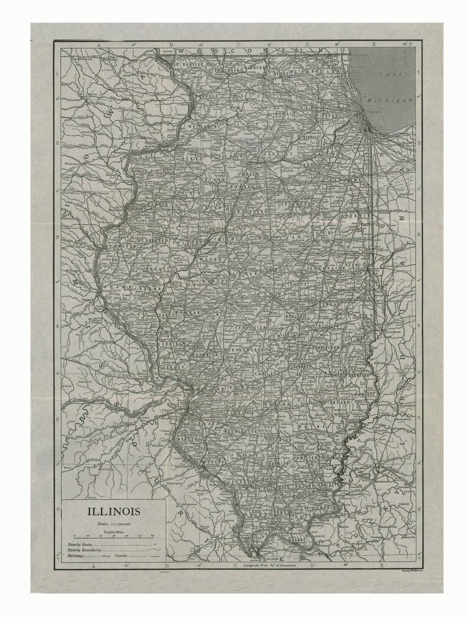 Illinois térképe, USA, 1910-es évek. alkotó: Emery Walker