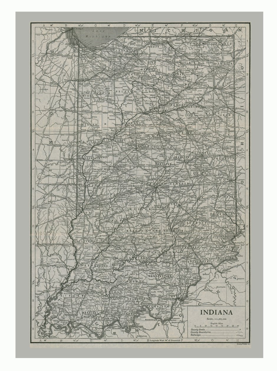 Indiana térképe, USA, 1900-as évek alkotó: Emery Walker