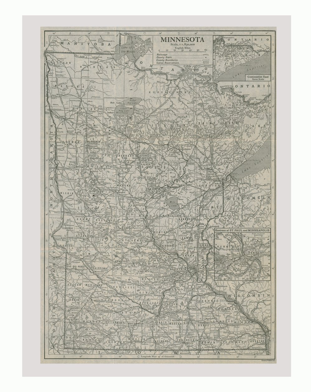Minnesota térképe, USA, 1900-as évek. alkotó: Emery Walker