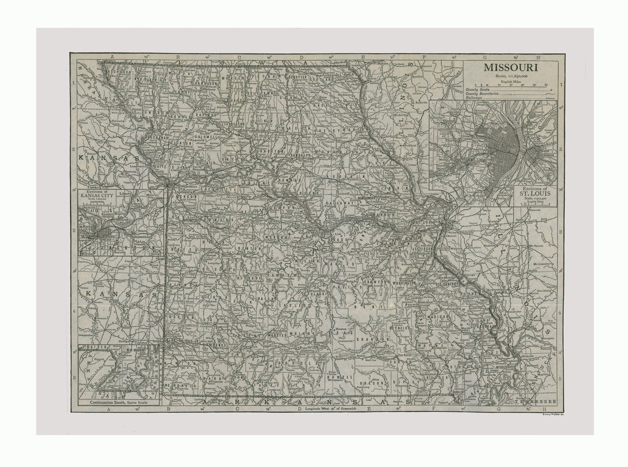 Missouri térképe, USA, 1900-as évek. alkotó: Emery Walker